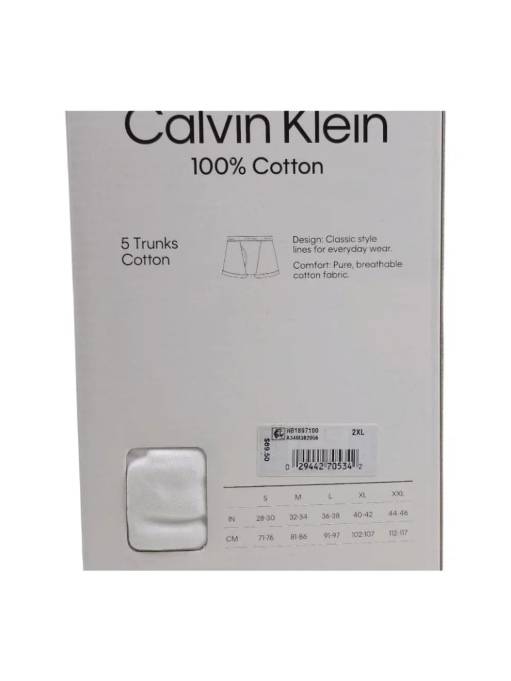 Calvin Klein Mens 5-Pack Classic Fit Cotton Trunks White 2XL XXL  $70